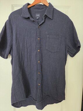 J Crew Mens Navy Blue Gauze Short Sleeve Button Up Shirt Size L Casual Preppy